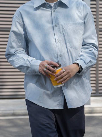 SHITRT 霧霾藍 皺褶肌理感面料長袖襯衫 復古寬松日系春季工裝