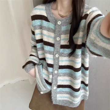 【砂糖夢境】學院條紋圓領毛衣外套女春秋新款復古寬鬆慵懶風針織開衫上衣ins