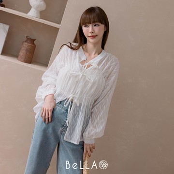 【1+1優惠】BeLLA 紋路綁帶造型上衣 白色