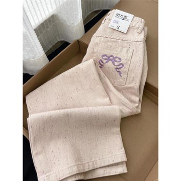 設計感彩墨寬松直筒牛仔褲女春季新款淺色高腰顯瘦垂感窄版闊腿褲