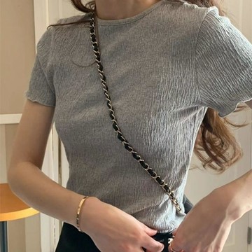 掃貨趁現在 褶皺上衣 壓褶衣服 摺衣上衣 短版上衣 短袖上衣 韓國夏季新款時尚洋氣褶皺百搭純色上衣休閒顯瘦圓領短袖T恤女
