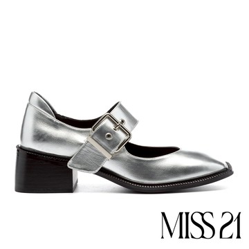 MISS 21 叛逆未來少女純色寬繫帶大方頭瑪莉珍高跟鞋－銀
