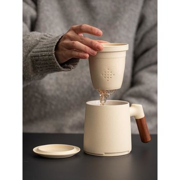 石久日式復古辦公室茶杯陶瓷馬克杯大容量茶水分離個人專用泡茶杯