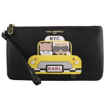 KARL LAGERFELD 卡爾計程車附掛帶拉鍊手拿包(黑)大款
