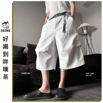 【當天出貨】美式雙色大口袋工裝七分褲男 寬鬆闊腿休閒短褲 男女同款百搭機能褲 夏季街頭潮流直筒中褲 男生褲子