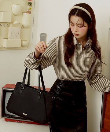 大容量多袋輕量防潑水尼龍肩背斜背托特包-晨靜暮黑-輕褶系列(BZ96523-49)