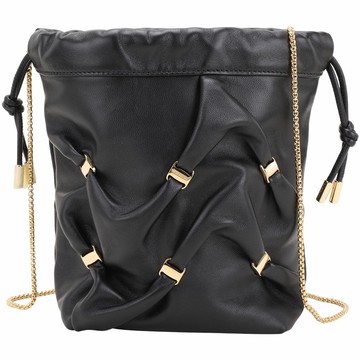 Salvatore Ferragamo Mini 抓皺金鍊納帕皮革束口斜背水桶包(黑色)
