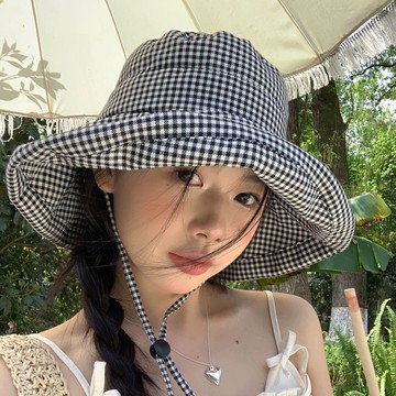 千鳥格子防曬漁夫帽夏季紫外線大檐遮陽帽遮臉帽檐太陽帽子 帽子 防曬帽 時尚 防曬帽子遮臉防紫外線 防曬帽子 盆帽