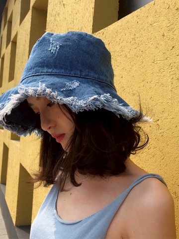 日系網紅藍色牛仔漁夫帽女夏季遮陽寬檐ins百搭小眾文藝磨邊防曬1入