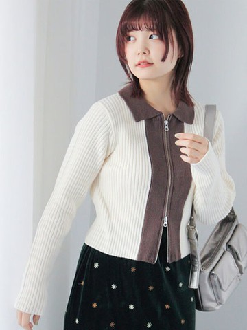 配色翻領雙向拉鍊直紋理開襟衫(0F000277510) - ehka sopo