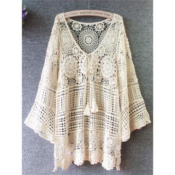 泰國度假中長款鏤空喇叭袖蕾絲套頭系帶鉤花寬松溫泉外搭針織罩衫