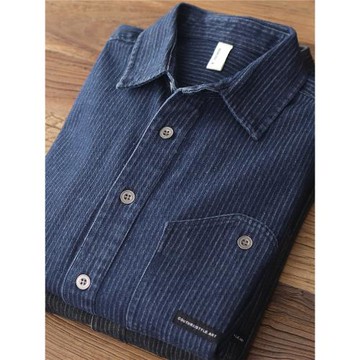 豎條紋水洗做舊春秋日系復古重磅加厚工裝休閑長袖牛仔襯衫男外套