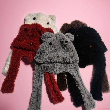 精選好物🌈可愛小熊圍巾毛絨耳朵一體針織冬季加厚保暖護耳帽子顯臉圍脖雷鋒