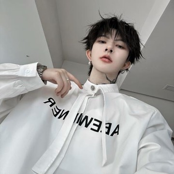 網紅高級感金屬扣飄帶設計襯衫長袖韓版寬松字母印花墊肩痞帥襯衣