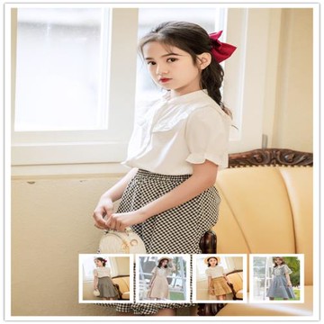 夏季上新中大女童氣質棉質白色繡花上衣配格子半裙兩件套裝裙
