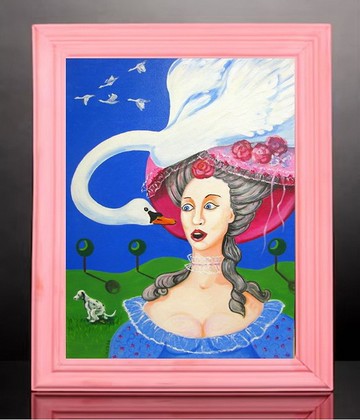 有趣的油畫大尺寸畫布女人與狗和天鵝，客廳裝飾