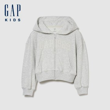 【GAP】兒童VintageSoft毛圈布寬版Logo拉鍊連帽運動衫-淺麻灰(870892)