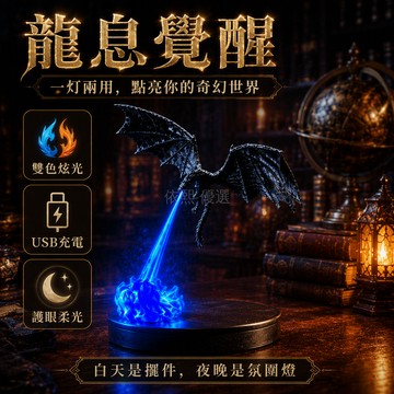 桃園出貨✨ 黑龍造型可充電USB插電款大號25x15x23cm橙藍火焰發光模型小夜燈