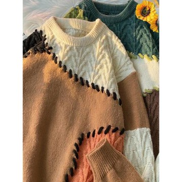 日系復古不規則撞色慵懶風毛衣男秋冬潮牌寬松圓領手工編制針織衫