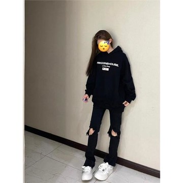 美式復古黑色oversize連帽衛衣女春秋季高街小眾情侶字母印花外套