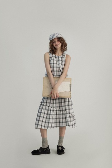 Vintage復古運動感 色織格子無袖背心 半身裙套裝