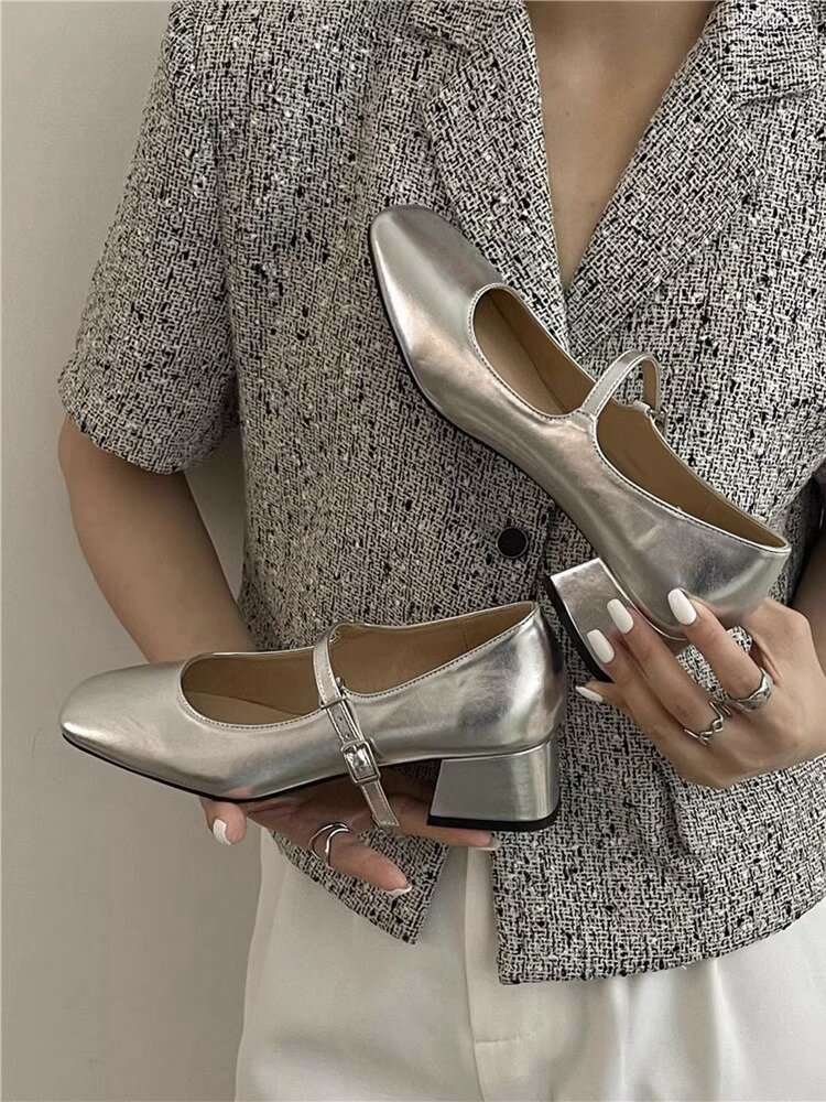 銀色單鞋女粗跟瑪麗珍女鞋子2023新款秋季配裙子低跟一字扣小皮鞋
