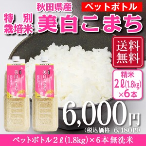 送料無料！！　ペットボトル 秋田県産特別栽培米 あきたこまち無洗米 令和5年産 2L（1.8kg）×6本