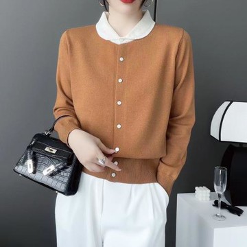 韓式新款減齡時尚氣質百搭長袖撞色娃娃領針織開衫上衣小香風外套