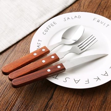 日式花梨木柄不銹鋼刀叉牛排刀勺子復古家用西餐餐具三件套刀叉勺