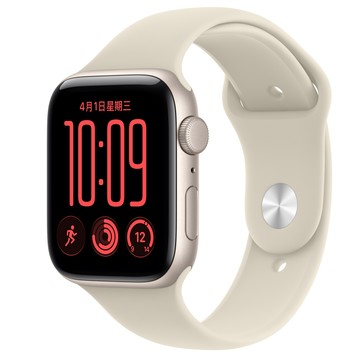 Apple Watch SE 3 (GPS)；44 公釐星光色鋁金屬錶殼；沙色運動型錶帶 - M/L