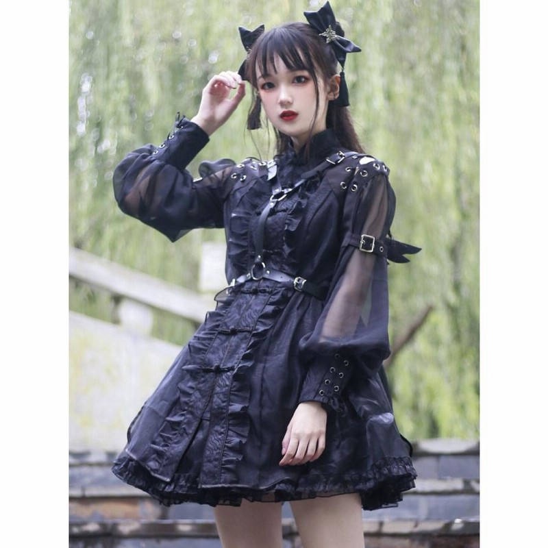 未試着 希少 フリルレース付き クラシック ゴシック ロリータ ワンピースドレス 中国風ロリータオプドレスブラックロングスリーブフリル