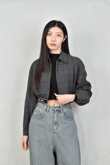 (M) miu miu灰色格紋短版外套