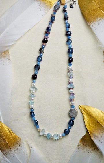 設計款純手工製作海藍寶純銀毛衣鏈 可調節長短