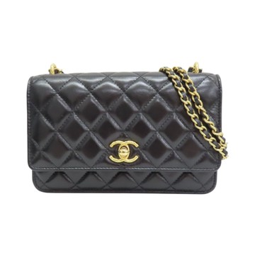 CHANEL 香奈兒 黑色 菱格紋羊皮 WOC 鏈帶 肩背包 金扣 【二手名牌BRAND OFF】
