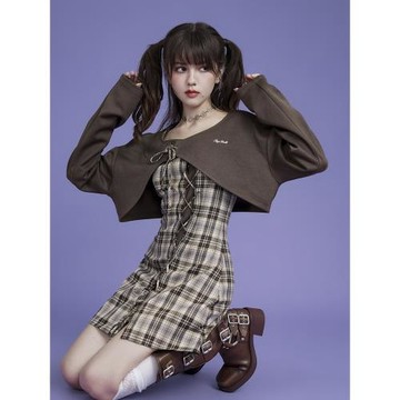 SagiDolls少女斗志 #秋日野餐#棕格吊帶開衫兩件套收腰顯瘦純欲辣