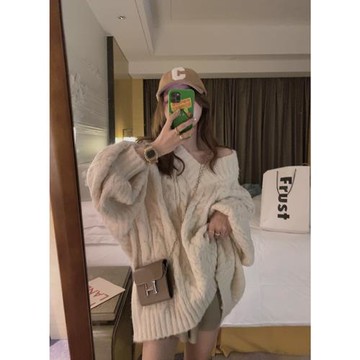 麻花毛衣日系慵懶復古中長款女秋冬加厚寬松外穿上衣長袖V領毛衣
