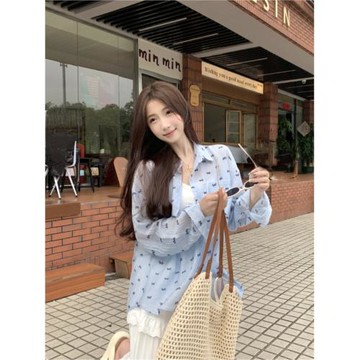 蝴蝶結碎花休閑外穿長袖上衣女夏季2025新款韓版寬松薄款防曬襯衫