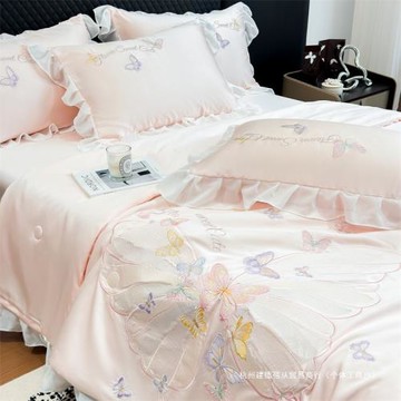 夏季公主風冰絲四件套刺繡蝴蝶真絲花邊夏涼被親膚透氣空調薄被子
