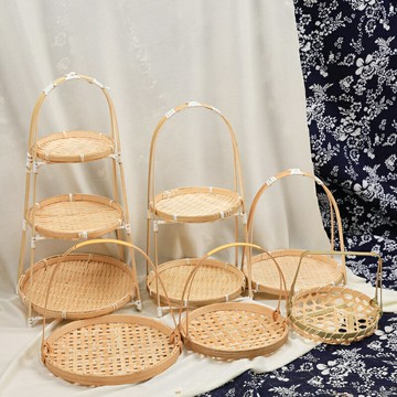 手工竹編桌面擺件果盤幼兒園環創托盤茶點簸箕竹制品圓婁創意提籃