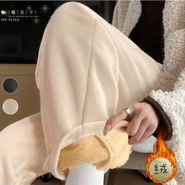 【QV5171】魔衣子-純色抽繩鬆緊腰羊羔絨直筒闊腿褲