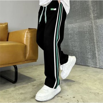 2025新款學生拼色條紋褲子男ins韓版潮抽繩休閑衛褲寬松直筒長褲