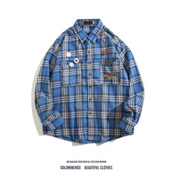 美式復古格子襯衫外套男女春秋潮牌設計感扣針寬松休閑慵懶風襯衣