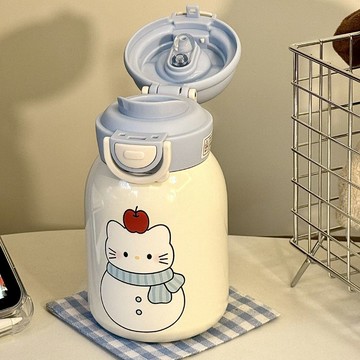 免運🔮新款蘋果雪人貓保溫杯ins高顏值316不鏽鋼便攜式吸管雙飲可愛水杯保溫瓶 隨行杯 咖啡杯 保溫杯 水壺 飲料杯