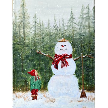 兒童與雪人冬季畫布聖誕藝術畫 作者 RinaArtSK