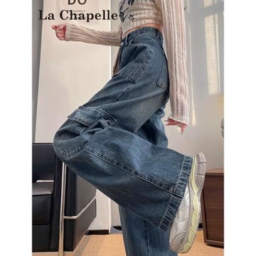 拉夏貝爾美式工裝牛仔褲女春季2026新款高腰顯瘦寬松休閑闊腿褲子