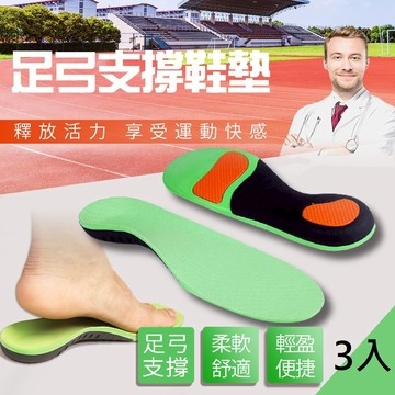 【東谷鞋廠】機能運動足弓鞋墊 3入組(足底筋膜炎鞋墊 減壓鞋墊 高足弓 除臭 扁平足 運動鞋墊)