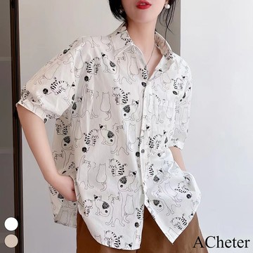 【ACheter】清新漫畫感貓咪印花上衣百搭減齡純棉寬鬆大碼單排扣翻領短袖襯衫# 118269 (現貨+預購)
