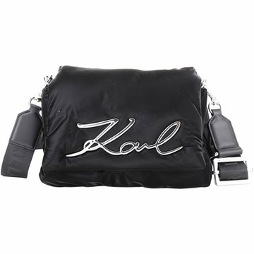 KARL LAGERFELD K/SIGNATURE 卡爾 金屬簽名絲緞感尼龍斜背包(黑色)