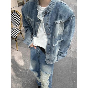 秋季毛邊潮牌短款牛仔外套男款美式復古高級感痞帥設計感小眾夾克