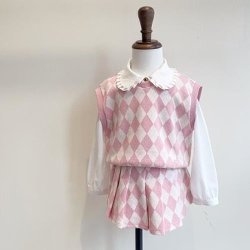 自留100-150韓系女童菱形粉白格背心+百褶半松緊腰裙褲（分開拍）